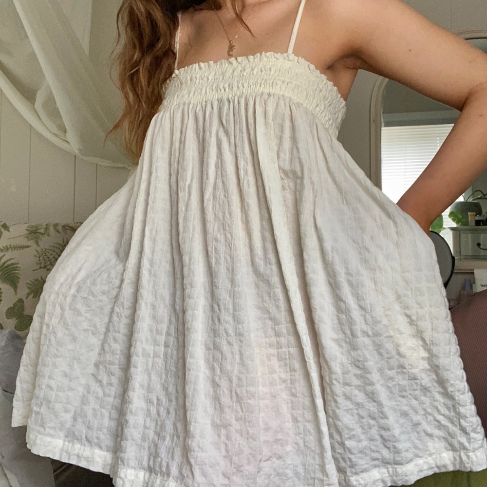 Urban Outfitters White Smocked Babydoll Mini Dress